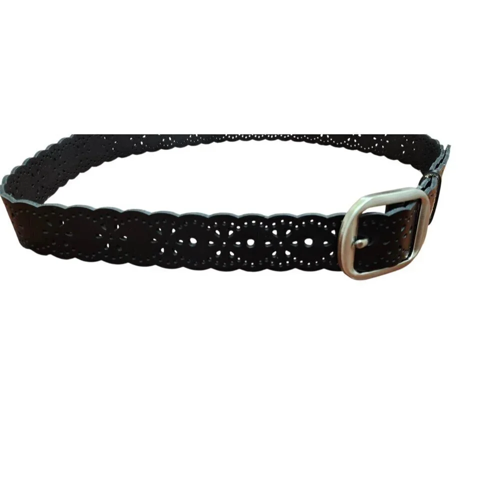 Black Leather Scalloped Cutout Belt Floral Laser Cut Silver Buckle Women Sze48in